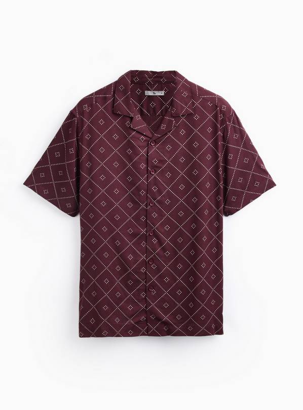 Dark Red Geo Print Slub Revere Neck Shirt XL